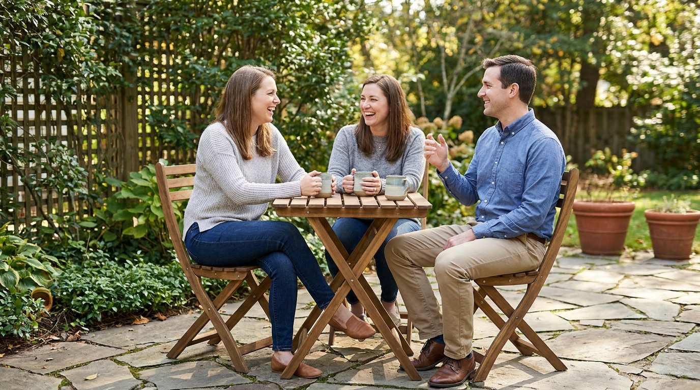 Photorealistic lifestyle scene: Heather, and Erin, are sitting on a garden patio, smiling and talking animatedly over coffee, suggesting shared relief.