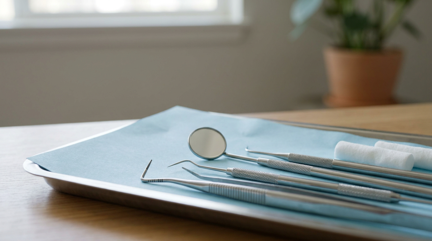 A close-up of various dental instruments laid out on a sterile tray, including a mouth mirror, explorer, and measuring tools, ready for an examination.
