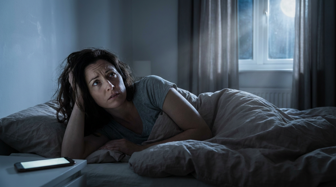 A woman in her late 30s lies restless in bed, covers tangled, staring at the ceiling with an anxious expression.