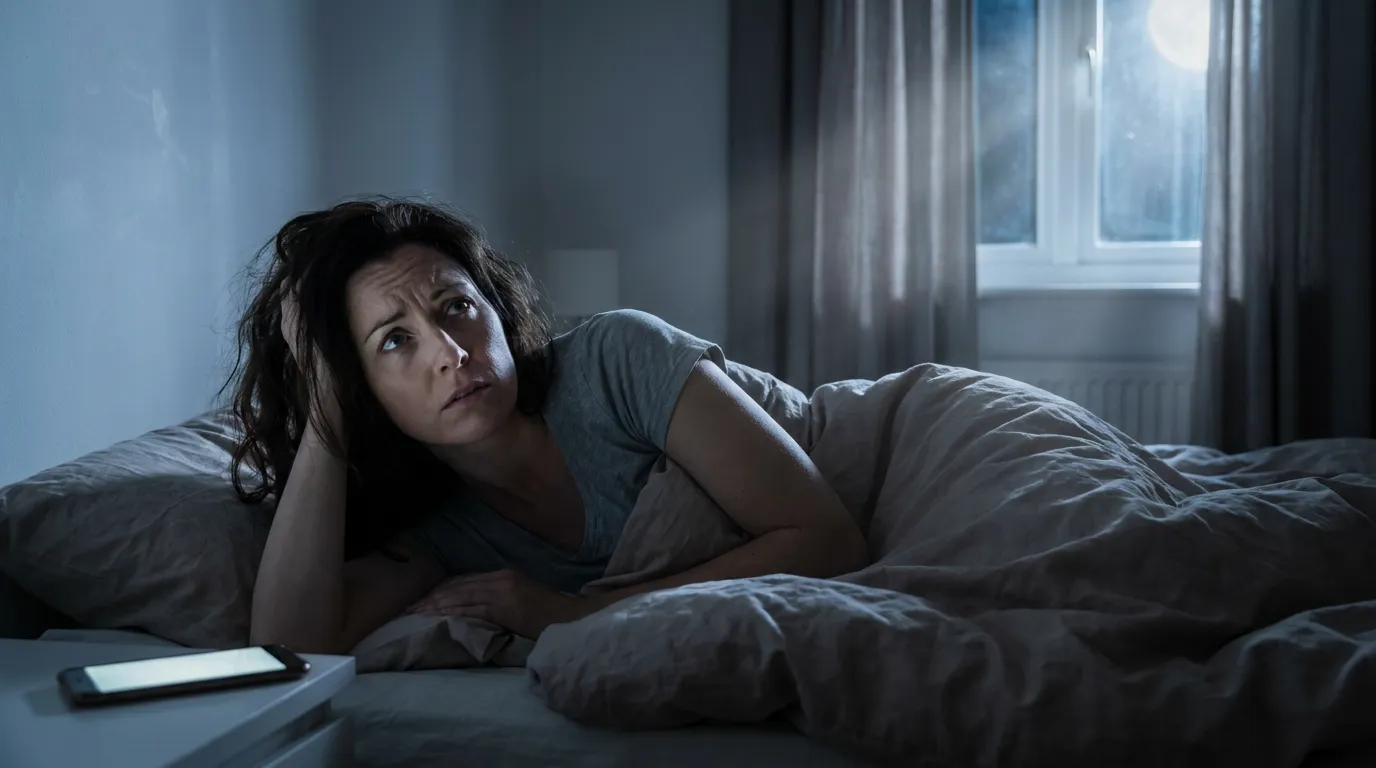 A woman in her late 30s lies restless in bed, covers tangled, staring at the ceiling with an anxious expression.