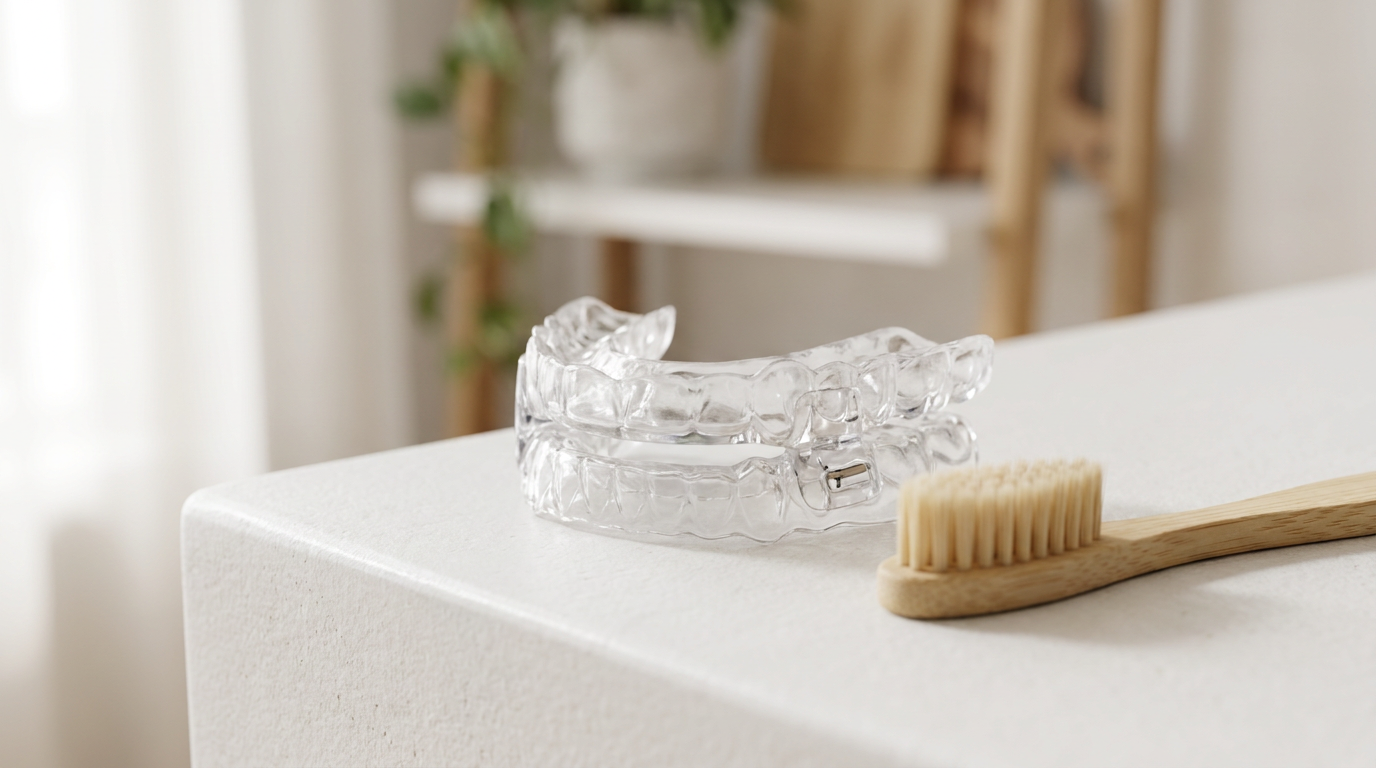 A detailed close-up shot of a clear, custom-fitted oral appliance for sleep apnea resting on a clean, white surface, next to a small, soft cleaning brush.