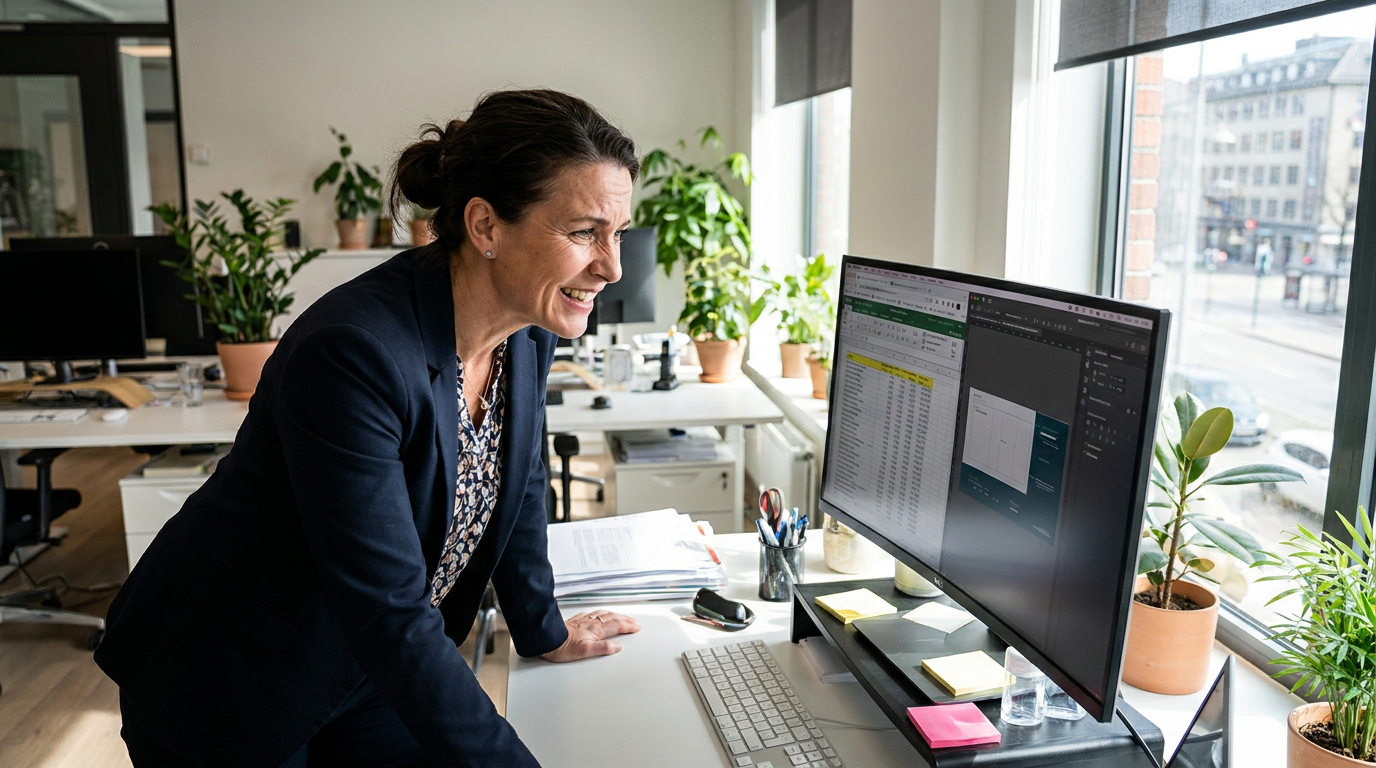 Julia, works at her office desk with a focused and energetic expression, looking at a computer screen.