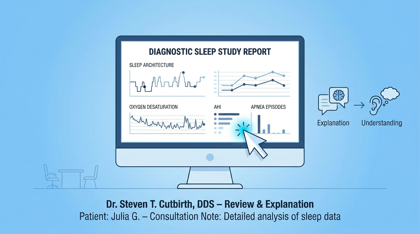 Dr. Steven T. Cutbirth, explains a diagnostic sleep study report to Julia, in a modern, well-lit consultation room. He gestures to a detailed chart on a monitor.