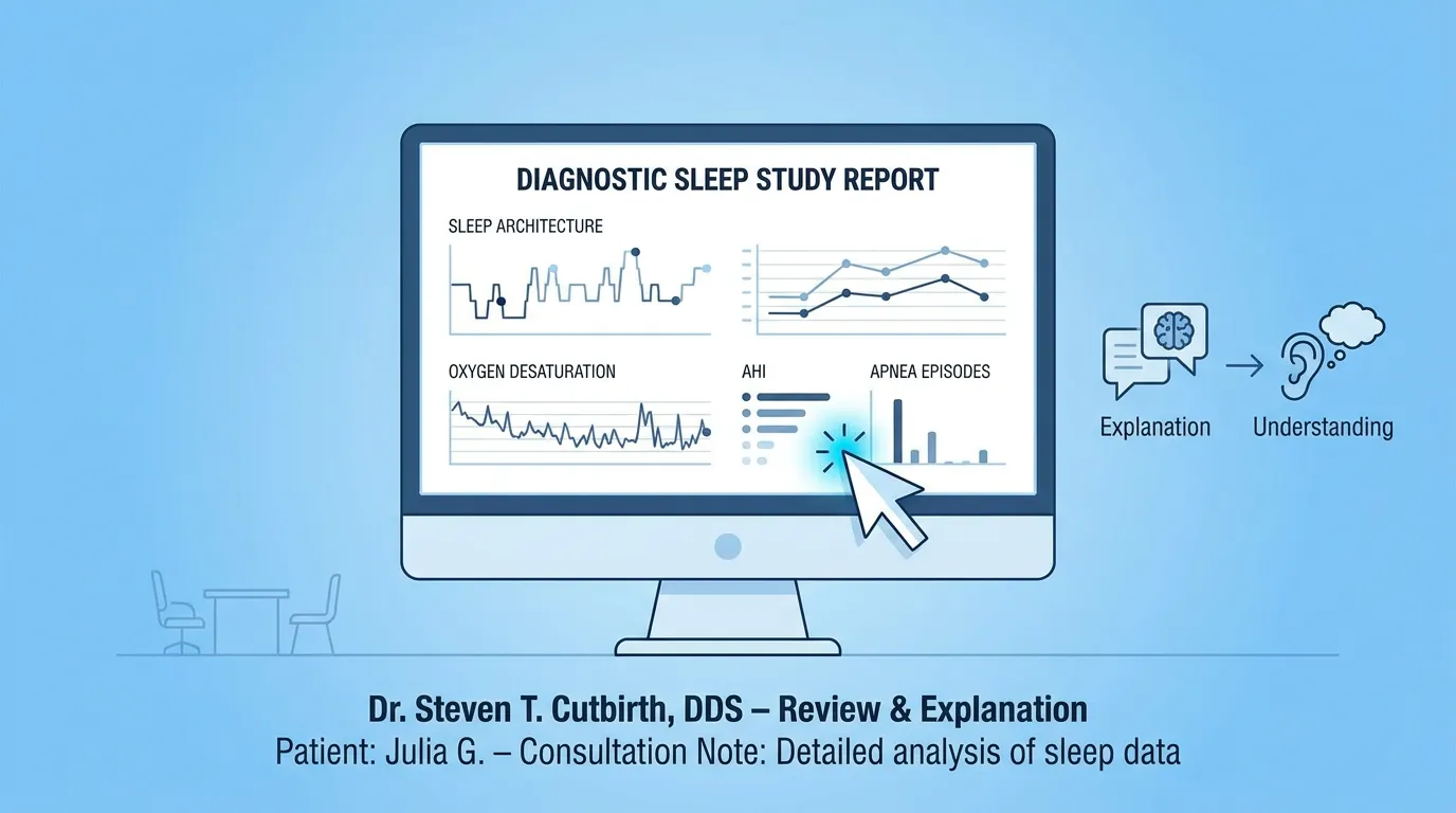 Dr. Steven T. Cutbirth, explains a diagnostic sleep study report to Julia, in a modern, well-lit consultation room. He gestures to a detailed chart on a monitor.