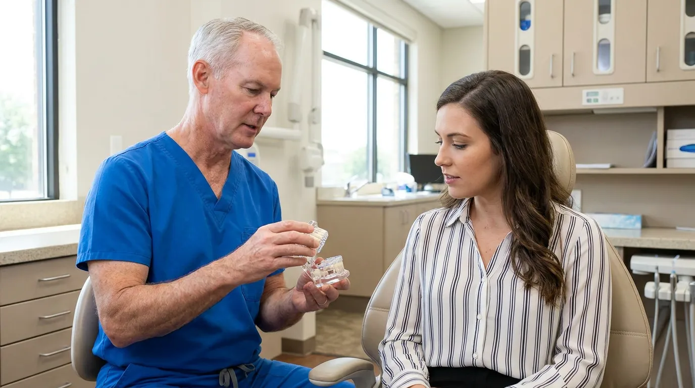 Dr. Steven T. Cutbirth, shows Julia, a model of a jaw with a clear oral appliance in place, demonstrating how it repositions the jaw. They are in a clean, professional dental office.