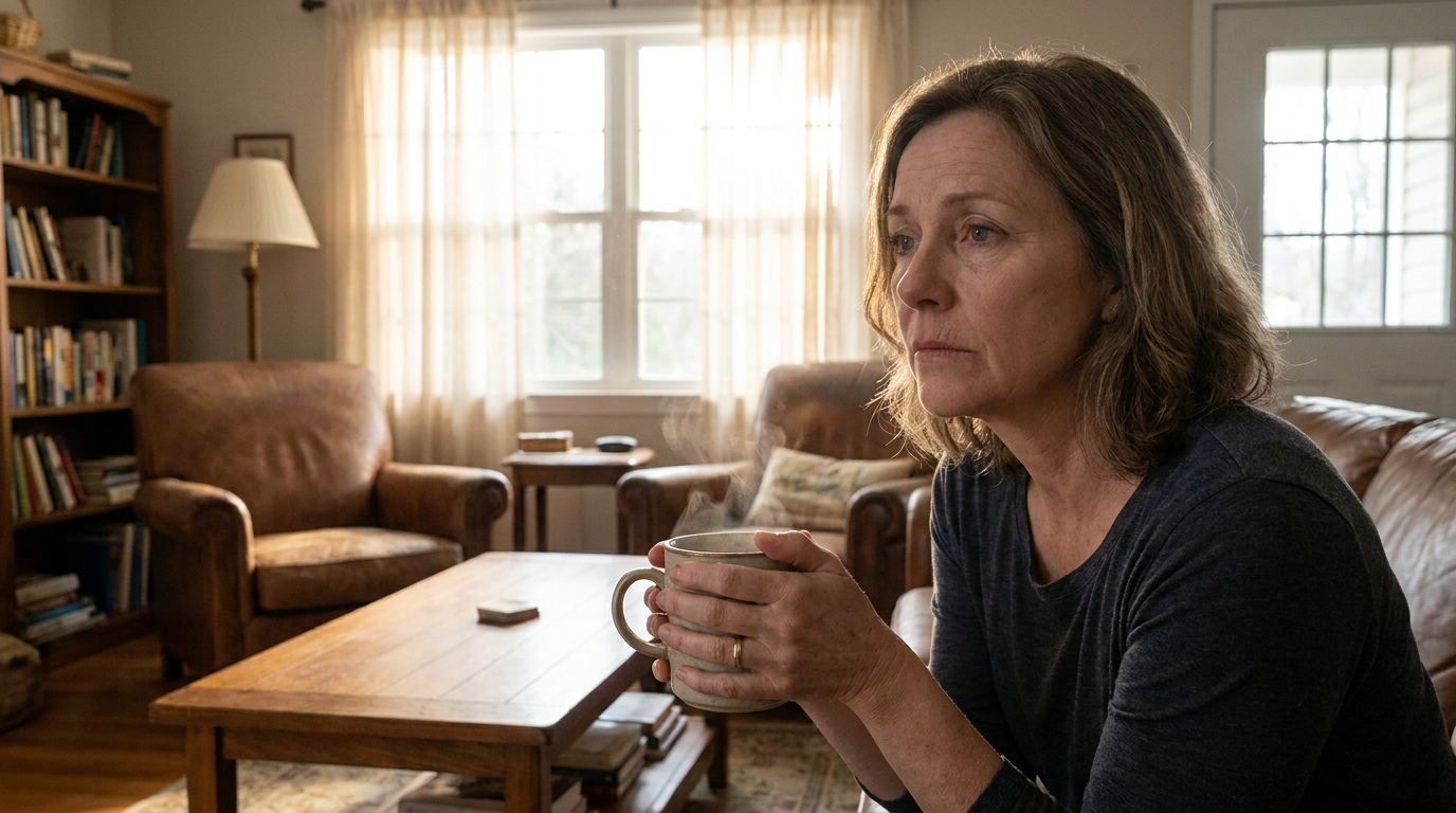 Julia, looks contemplatively out a sunlit window, holding a warm mug of tea, a look of tired concern on her face.