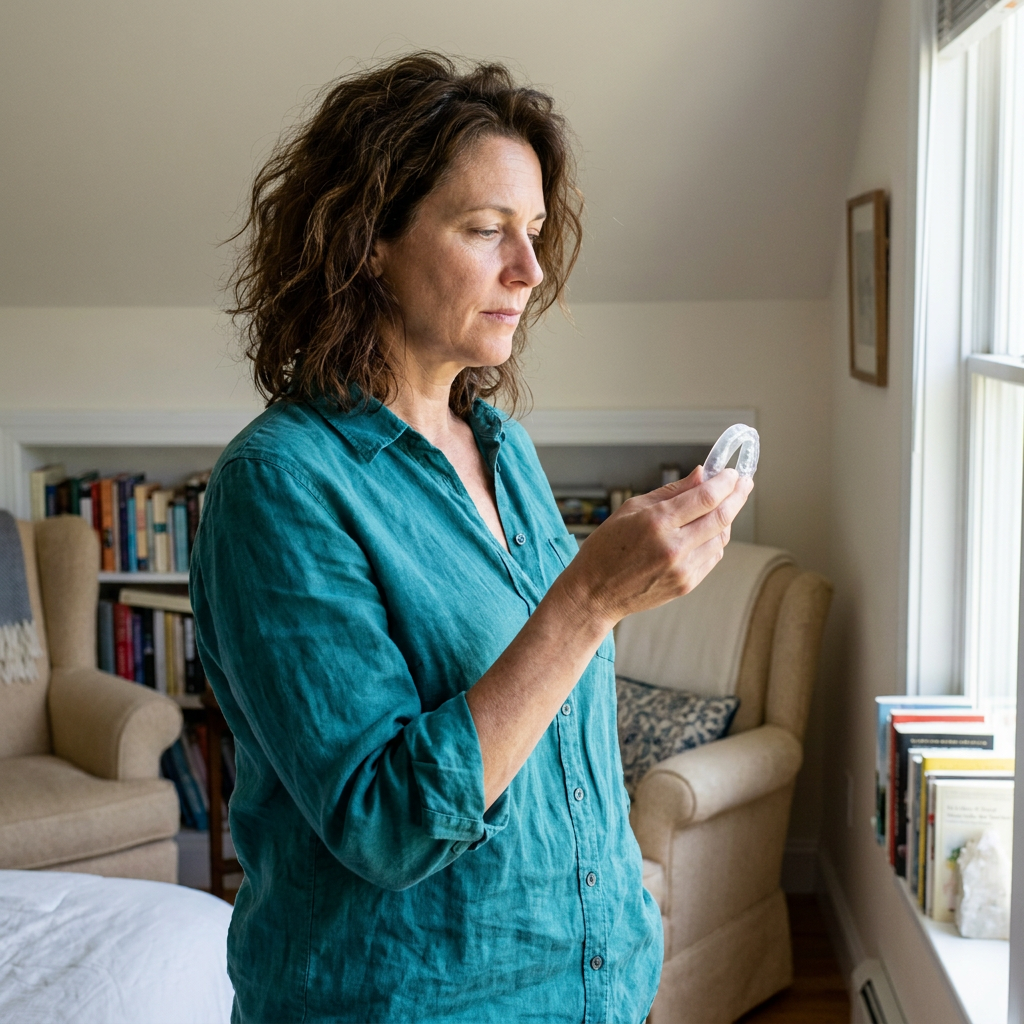 Julia, wearing a teal linen shirt, holds a custom oral appliance, inspecting it thoughtfully by a bedroom reading nook.