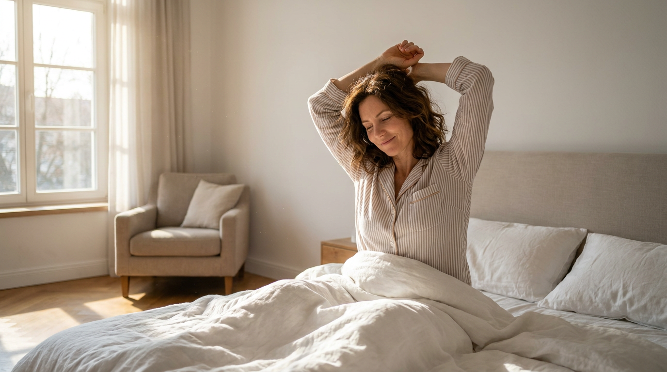 Julia, wakes up in a bright, airy bedroom, stretching with a serene and refreshed smile.