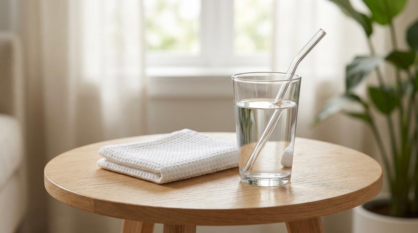 A clean glass of water with a glass straw rests beside a small, neatly folded white towel on a light wood side table, symbolizing hydration and care during recovery.