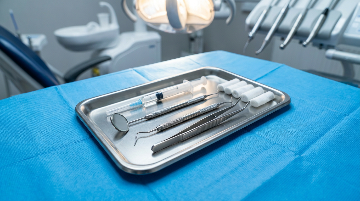 A sterile dental instrument tray with various tools, including a dental mirror, explorer, and cotton rolls, laid out on a clean blue drape, ready for an immediate procedure.