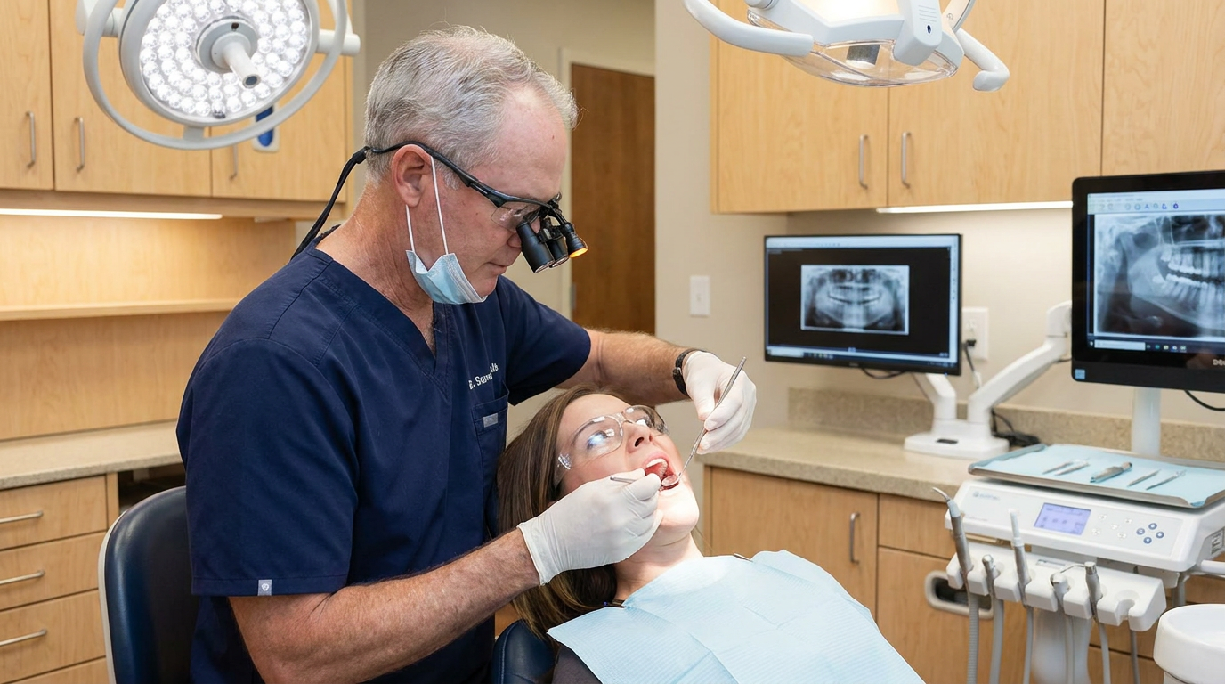 Dr. Steven T. Cutbirth, wearing clinical attire and dental loupes, intently examines a patient's open mouth with specialized dental tools in a modern operator. The patient is Ashley, looking focused.