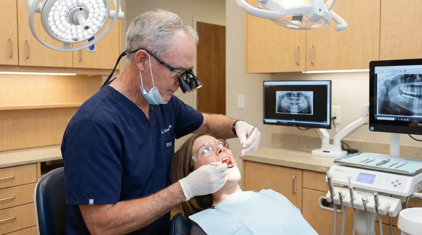 Dr. Steven T. Cutbirth, wearing clinical attire and dental loupes, intently examines a patient's open mouth with specialized dental tools in a modern operator. The patient is Ashley, looking focused.