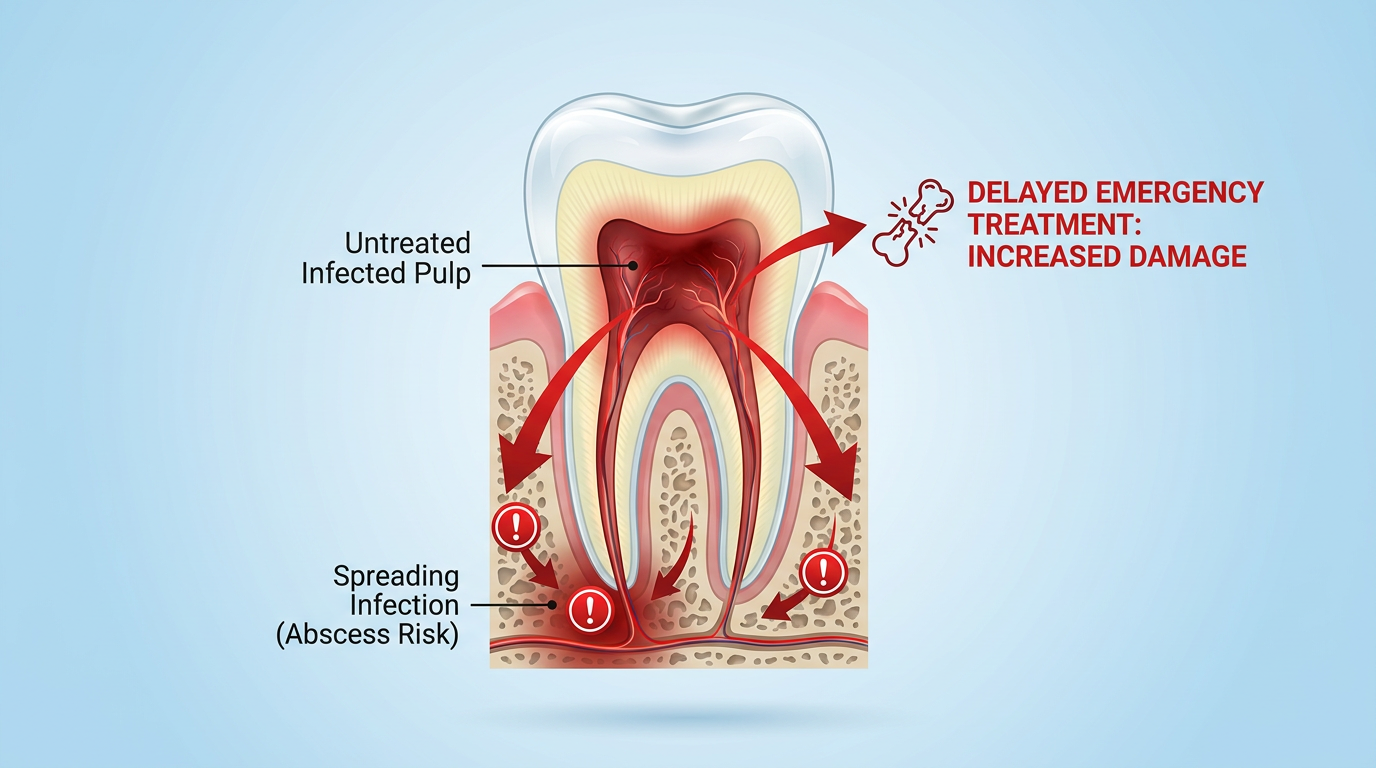 A close-up of a diagram showing a cross-section of a tooth, highlighting an infected pulp and spreading infection with red arrows, illustrating the potential damage from delayed emergency treatment.