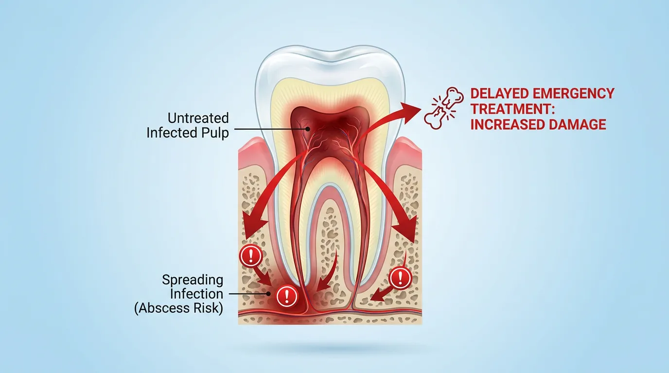 A close-up of a diagram showing a cross-section of a tooth, highlighting an infected pulp and spreading infection with red arrows, illustrating the potential damage from delayed emergency treatment.