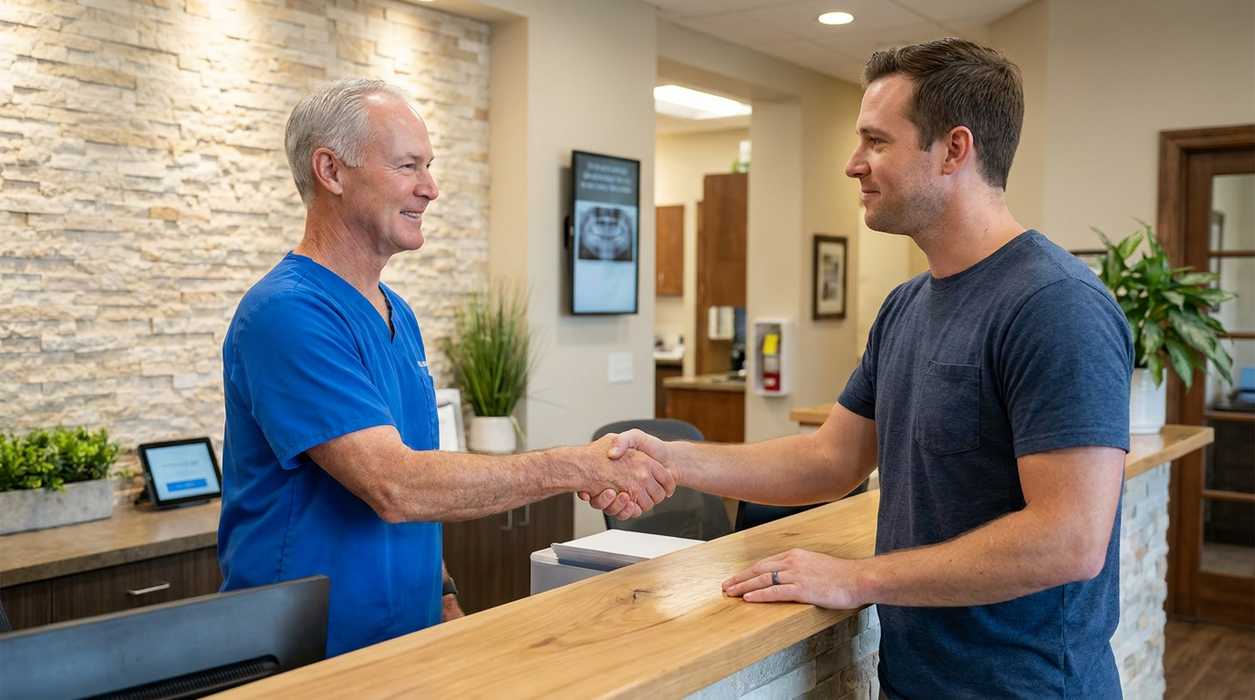 Dr. Steven T. Cutbirth, dressed in a professional blue dental scrub top, smiles warmly and shakes hands with a relieved patient, Caleb, across a modern reception desk in a dental office.