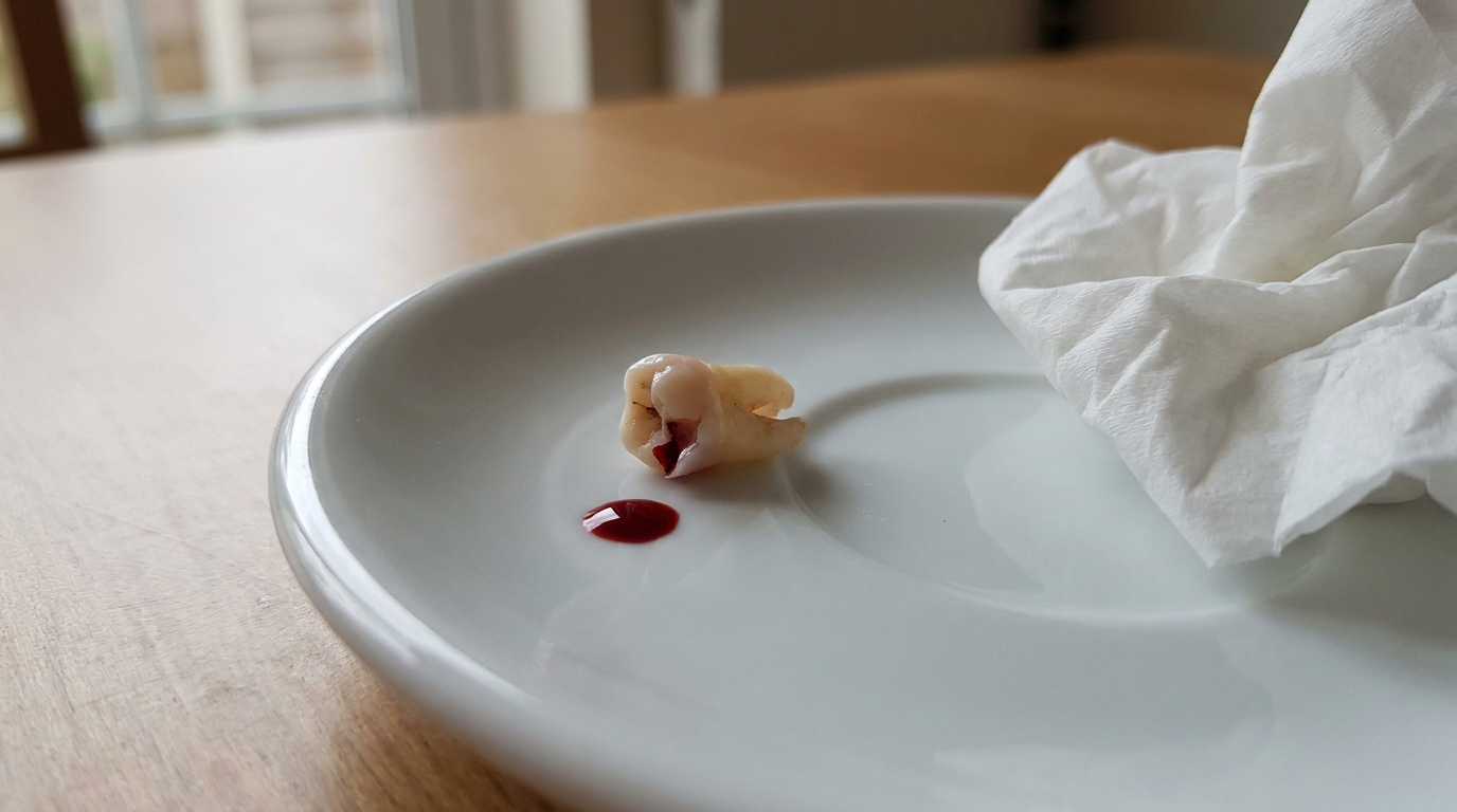 A clear, detailed shot of a single tooth with a noticeable chip on its edge, next to a small pool of blood, on a sterile white surface, indicating urgency and a need for immediate care.