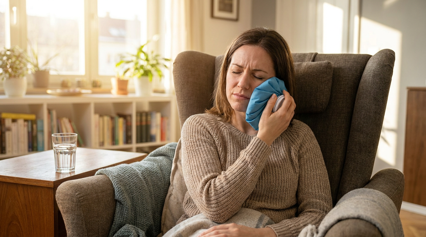Ashley, presses an ice pack wrapped in a blue cloth to her cheek, her eyes closed in mild discomfort, sitting on a plush sofa in a cozy, sunlit living room.