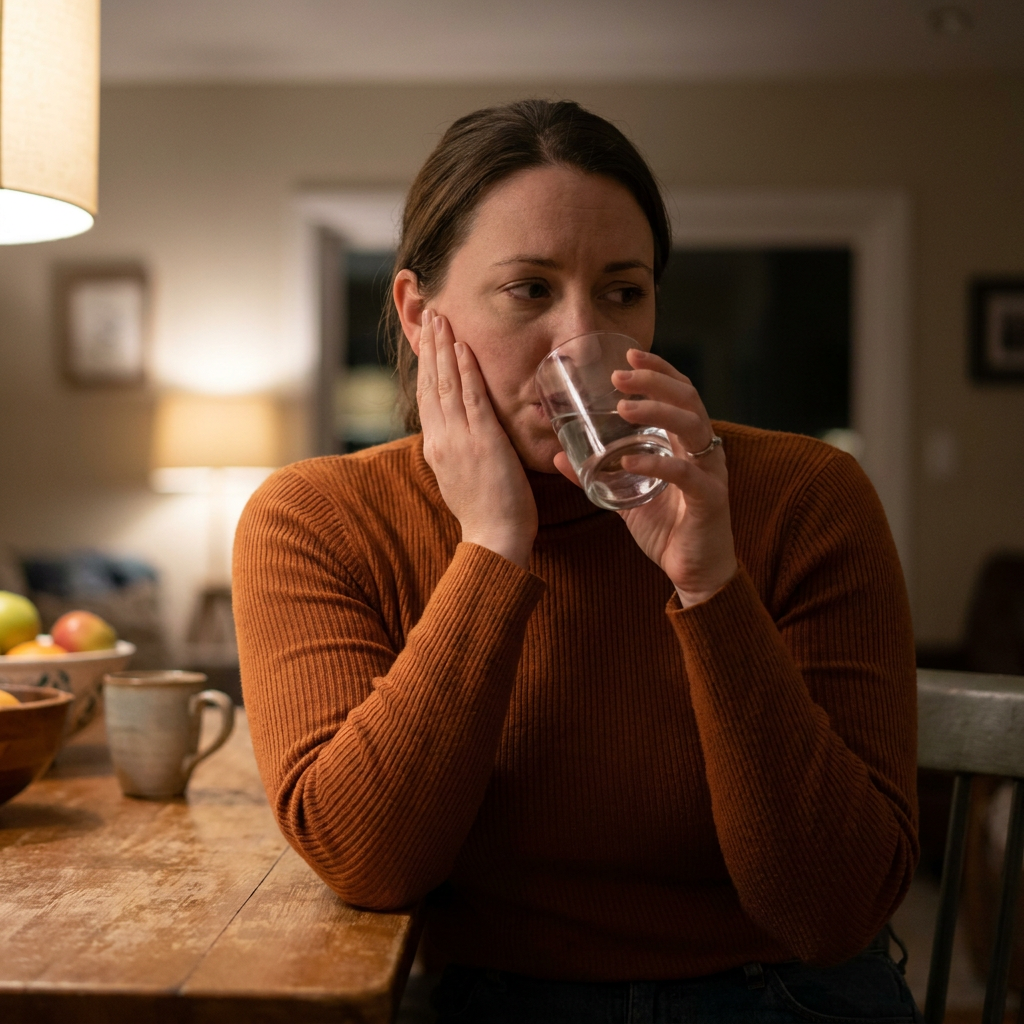 Ashley, wearing a rust turtleneck, sits at a dining table at night, gently touching her jaw and cautiously sipping water.