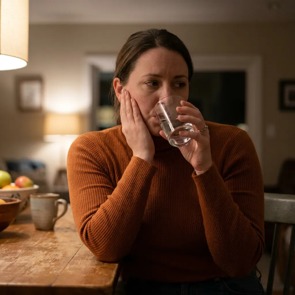 Ashley, wearing a rust turtleneck, sits at a dining table at night, gently touching her jaw and cautiously sipping water.
