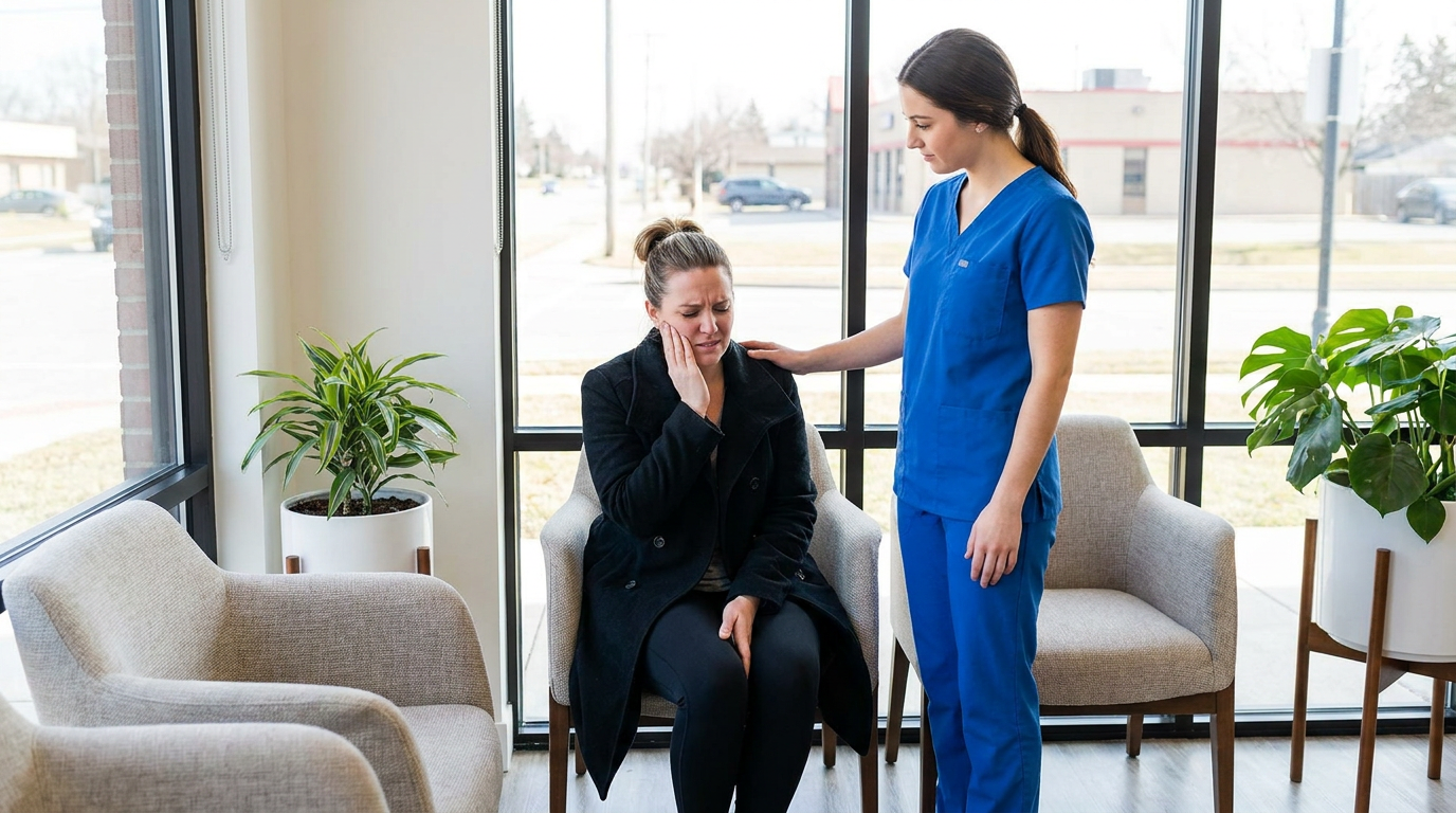 A distressed patient, Ashley, holds her hand to her jaw, wincing in a brightly lit dental waiting room during an emergency dental visit.