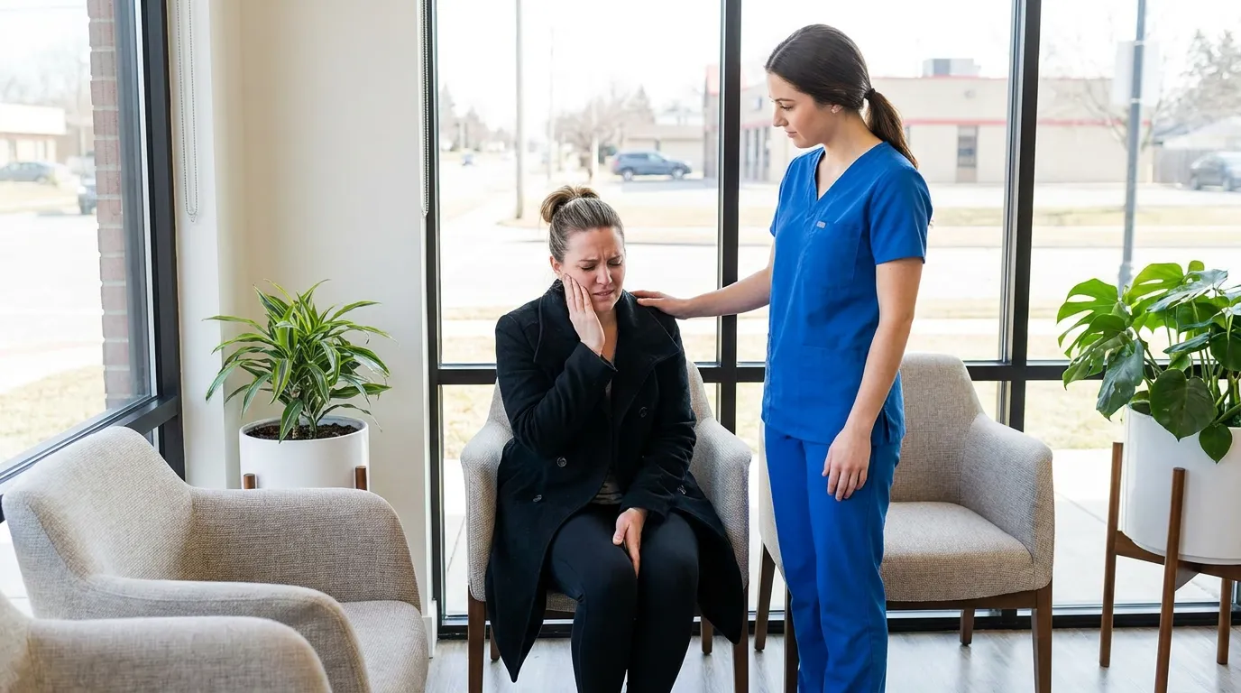 A distressed patient, Ashley, holds her hand to her jaw, wincing in a brightly lit dental waiting room during an emergency dental visit.