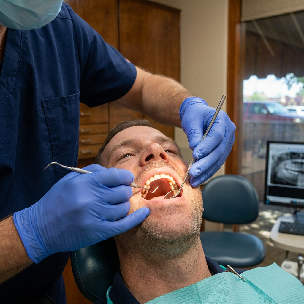 A dentist uses a probe for a family dentistry exam at Steven T. Cutbirth DDS in Waco, TX.
