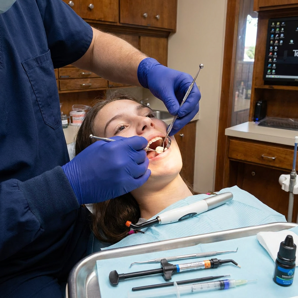 Gloved hands use dental instruments to shape a composite filling at Steven T. Cutbirth DDS in Waco, TX.