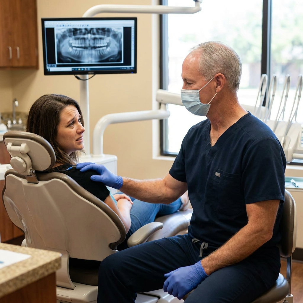 Dr. Cutbirth provides calm emergency dental care to a patient in his Waco, TX clinic with modern imaging equipment.