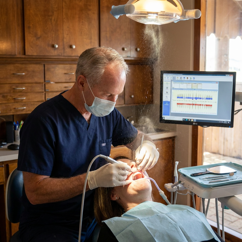 Dr. Steven T. Cutbirth uses an ultrasonic scaler for periodontal treatment at his Waco, TX dental practice.