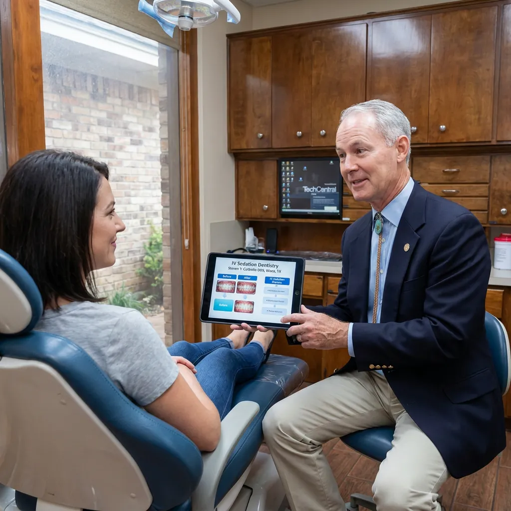 Steven T. Cutbirth DDS shows a patient sedation details on a tablet in a modern Waco, TX dental office.