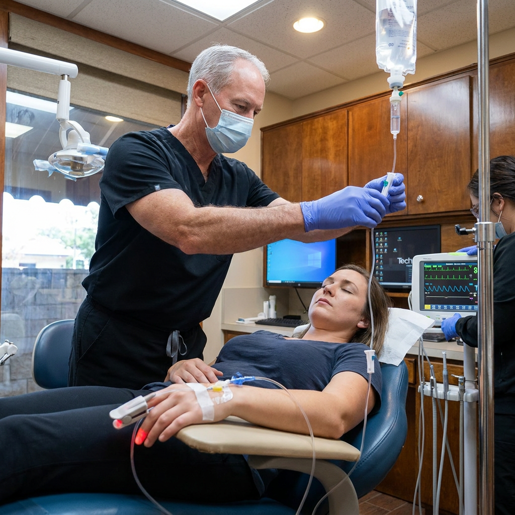 Dr. Steven T. Cutbirth monitors IV sedation for a resting patient in his Waco, TX dental operatory with vital signs displays.