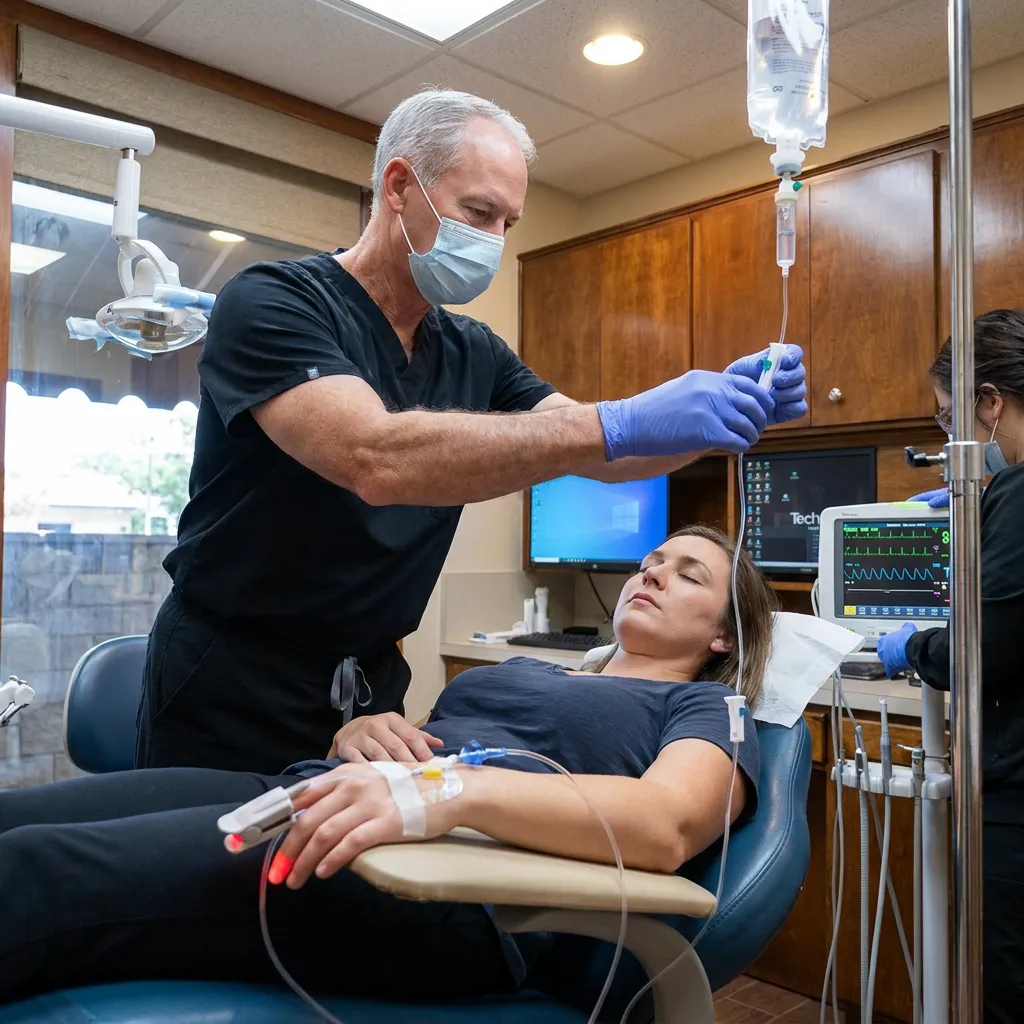Dr. Steven T. Cutbirth monitors IV sedation for a resting patient in his Waco, TX dental operatory with vital signs displays.