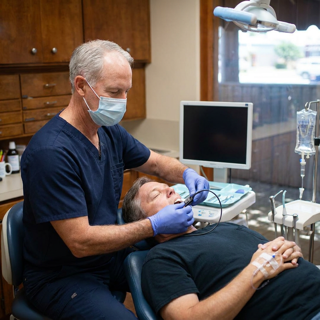 Dr. Cutbirth prepares a digital X-ray for a sedated patient at Steven T. Cutbirth DDS in Waco, Texas.