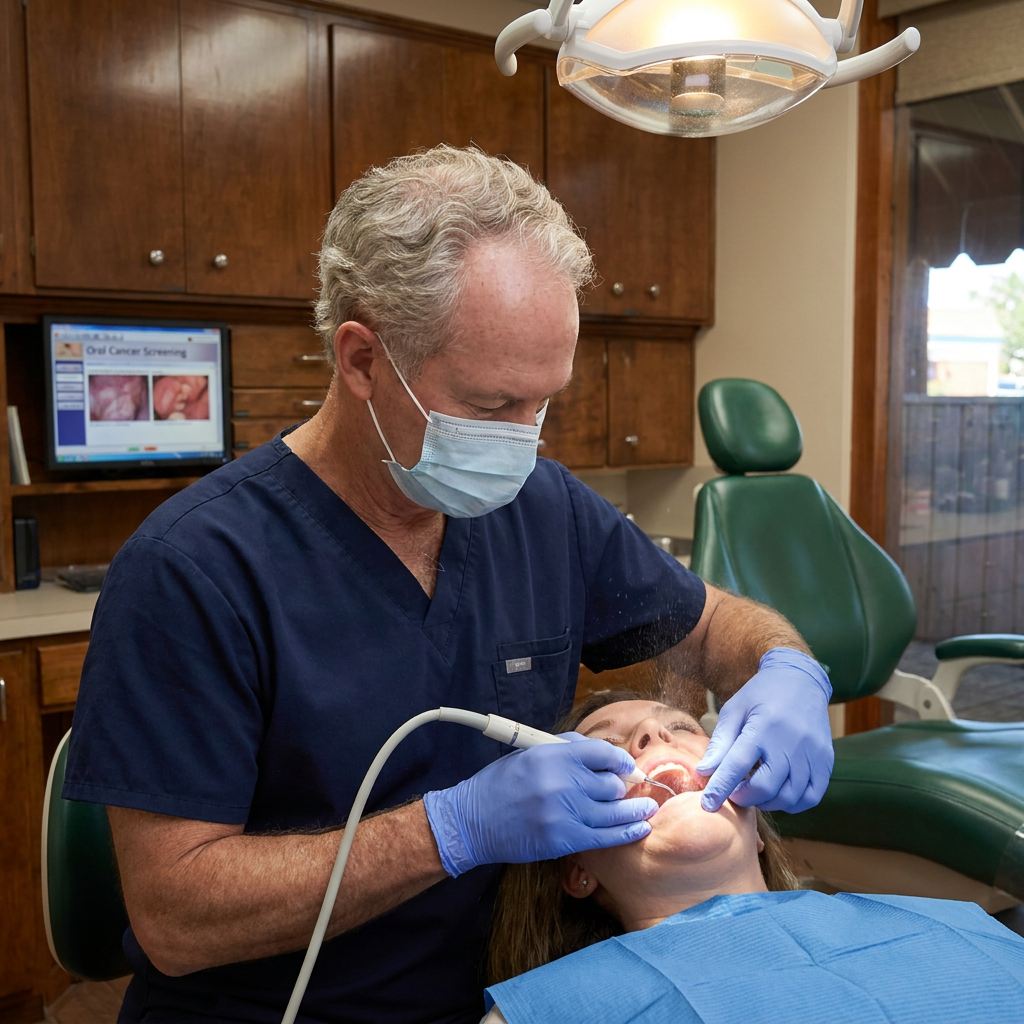 Dr. Steven T. Cutbirth uses an ultrasonic scaler during a screening at his Waco, TX dental practice.