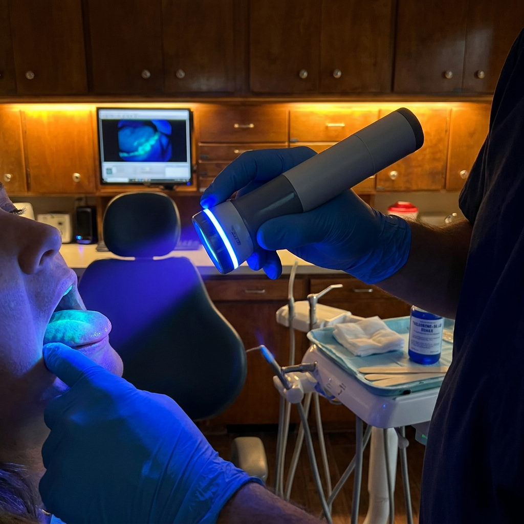 A VELscope device emits blue light during an oral cancer screening at Steven T. Cutbirth DDS in Waco, Texas.