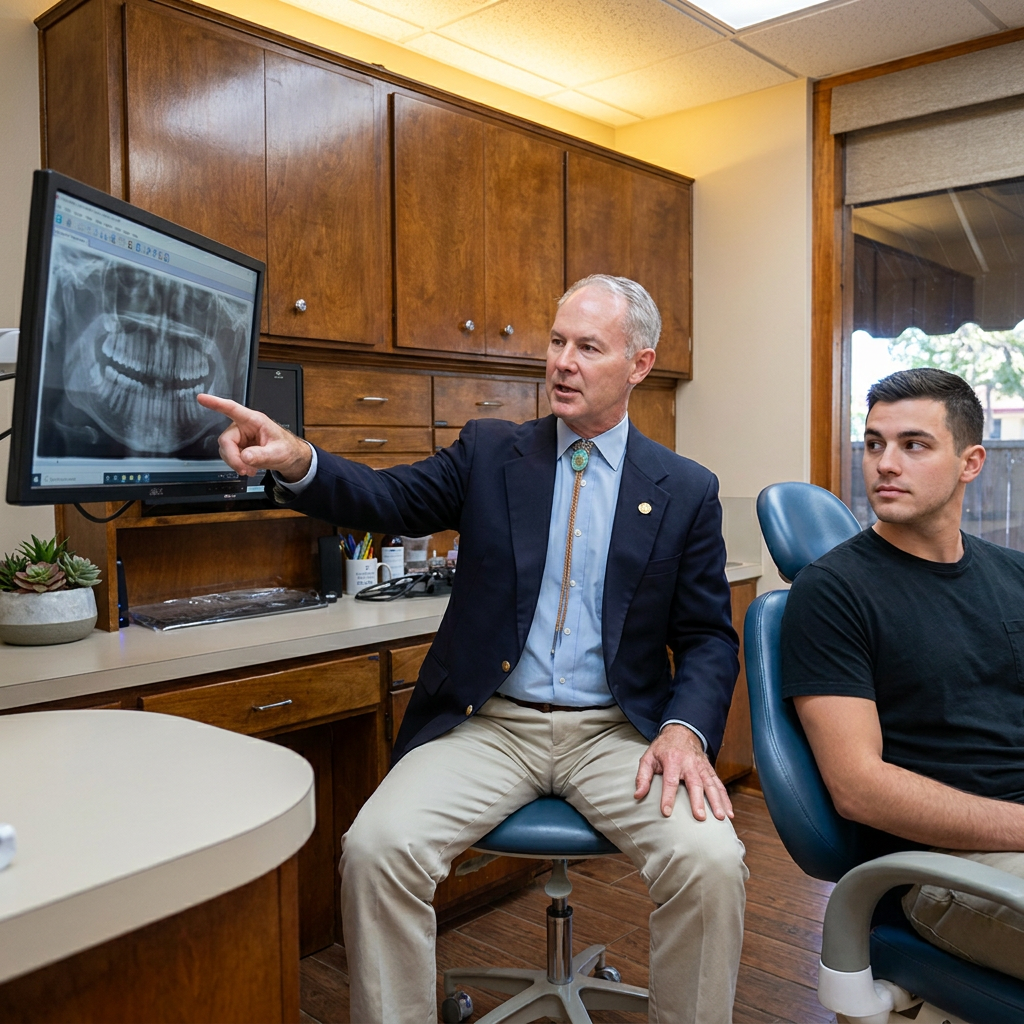 Dr. Steven T. Cutbirth reviews a digital panoramic X-ray with a patient during a dental exam in Waco, TX.