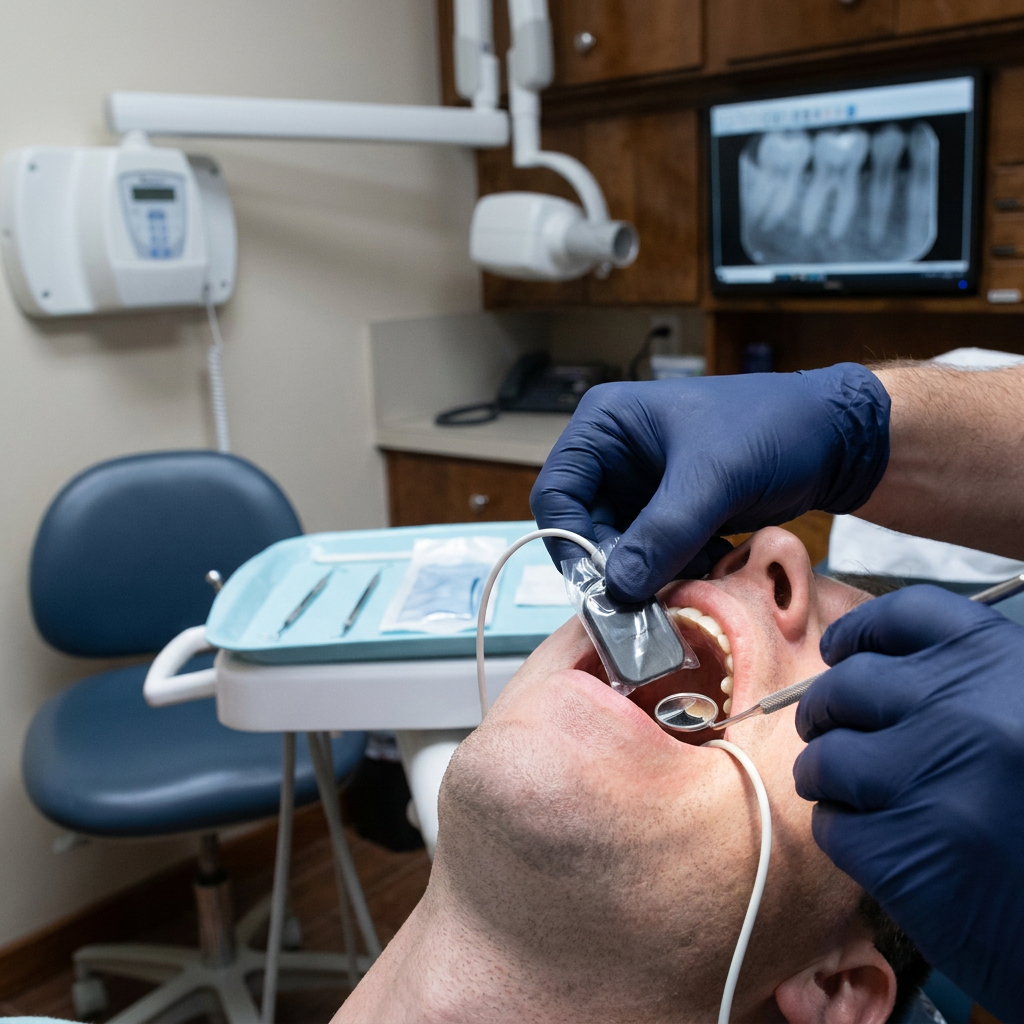 A dentist places a digital X-ray sensor for an exam at Steven T. Cutbirth DDS in Waco, TX.
