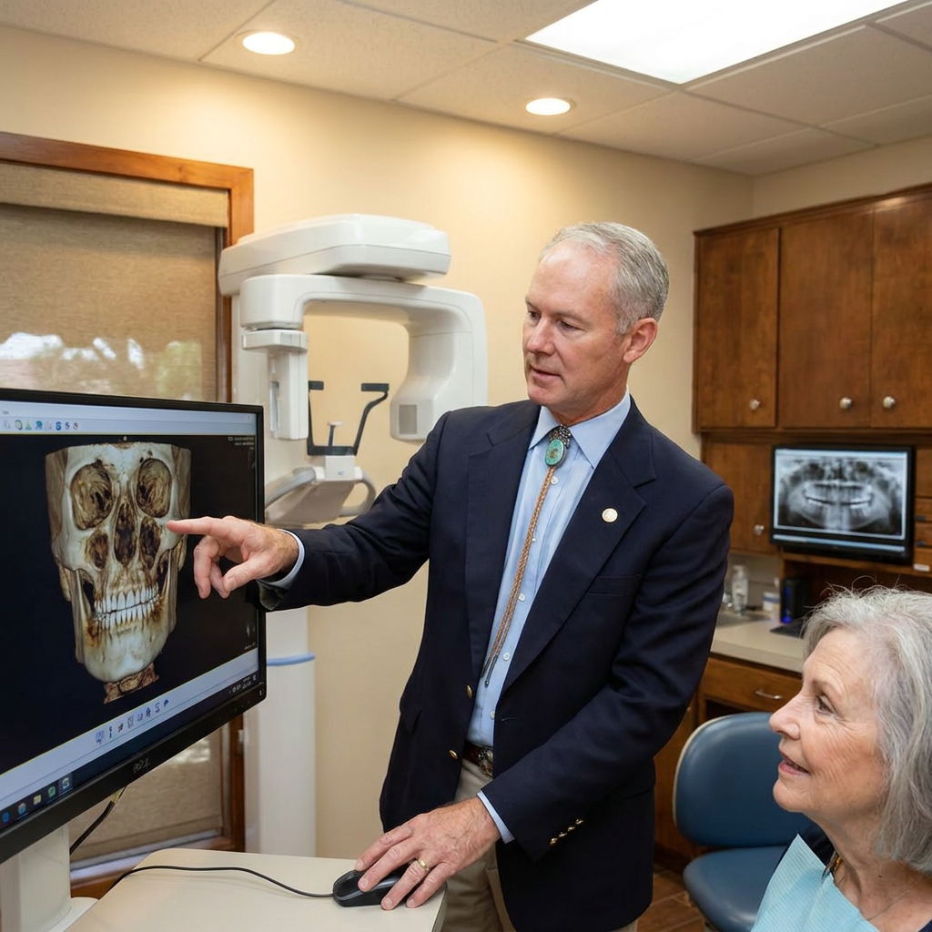 Dr. Cutbirth views a 3D dental CBCT scan on a monitor during an exam at Steven T. Cutbirth DDS in Waco, TX.
