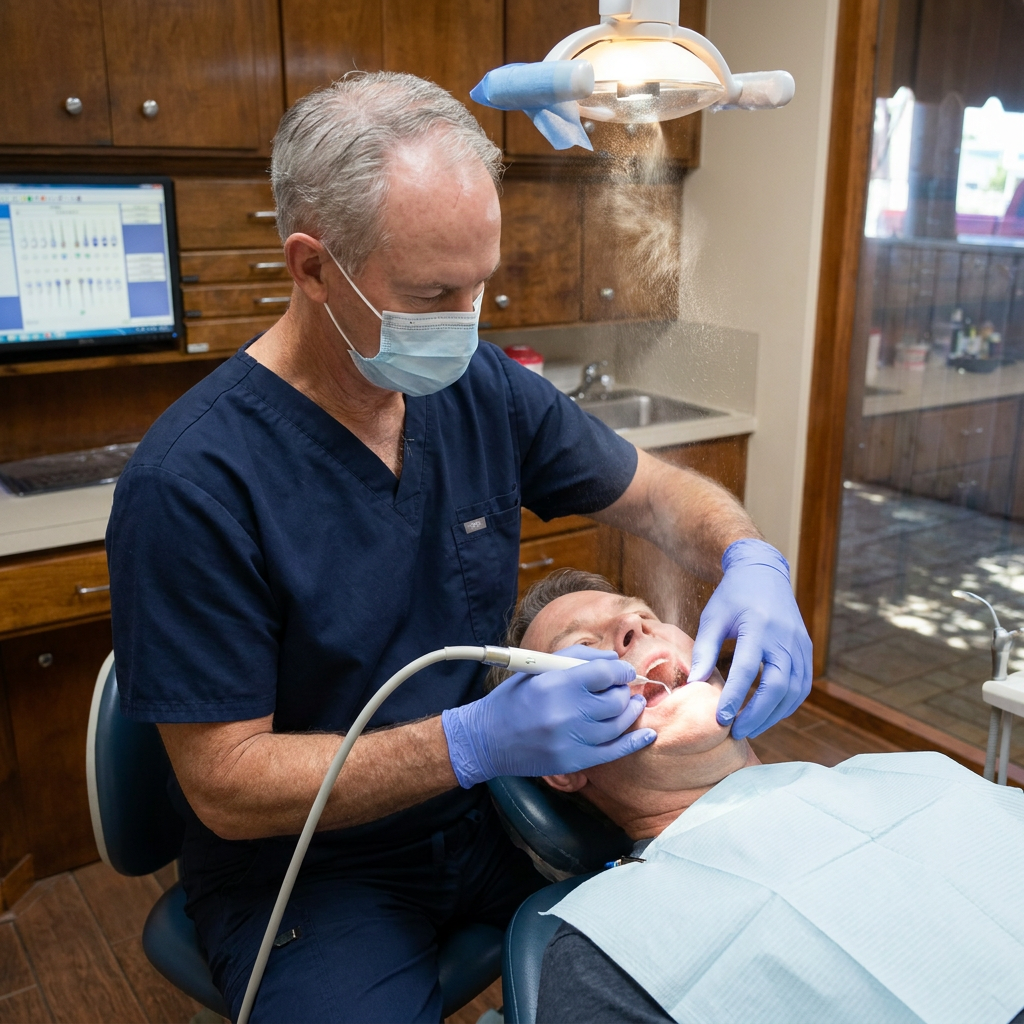 Dr. Cutbirth uses an ultrasonic scaler at Steven T. Cutbirth DDS during a dental cleaning in Waco, TX.