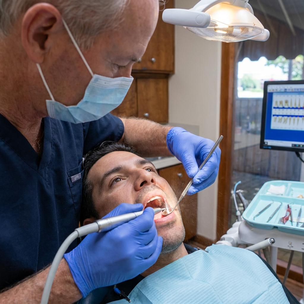 Dr. Cutbirth uses an ultrasonic scaler during a dental cleaning for a patient at his Waco, TX clinic.