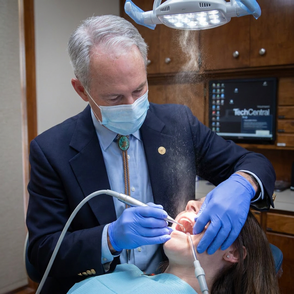 Dr. Cutbirth uses an ultrasonic scaler on a patient at Steven T. Cutbirth DDS in Waco, TX, to prepare for a filling.