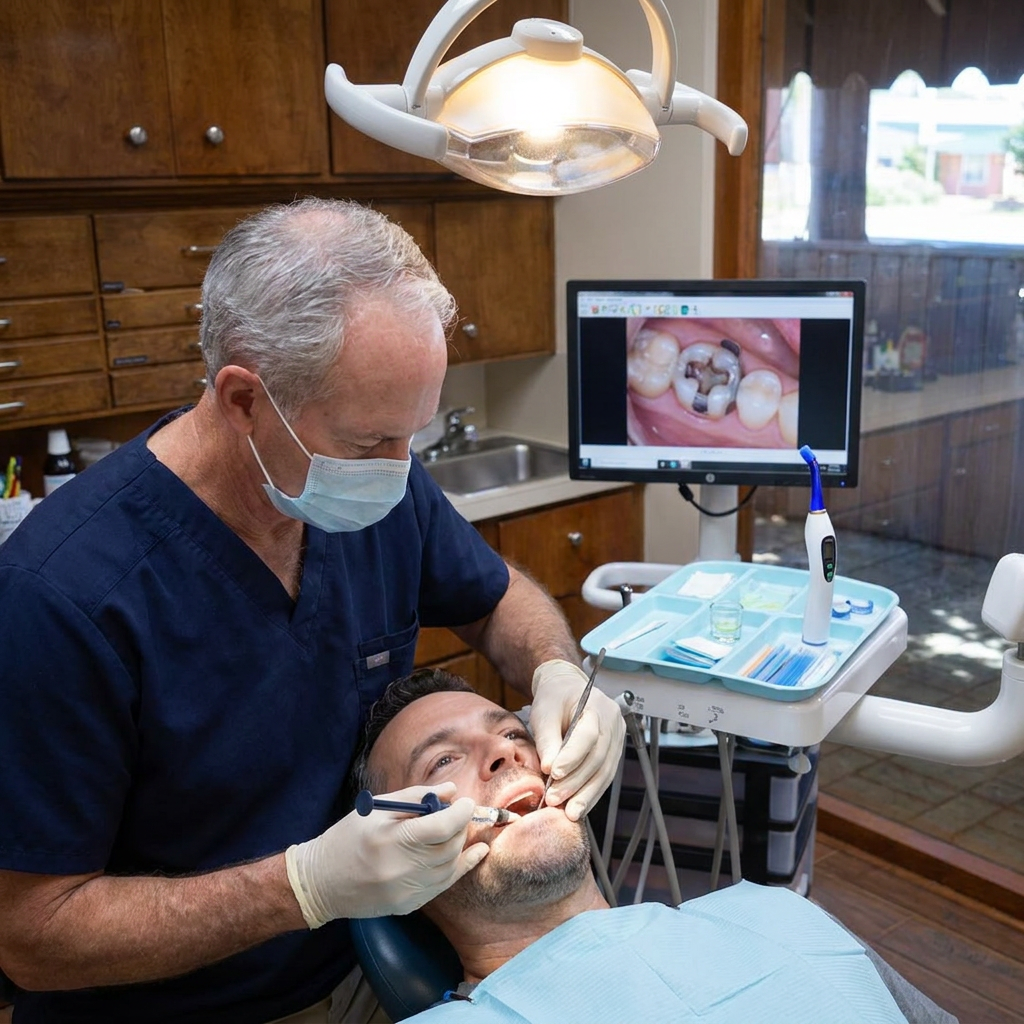 Dr. Cutbirth applies composite resin to a tooth filling for a patient at Steven T. Cutbirth DDS in Waco, Texas.