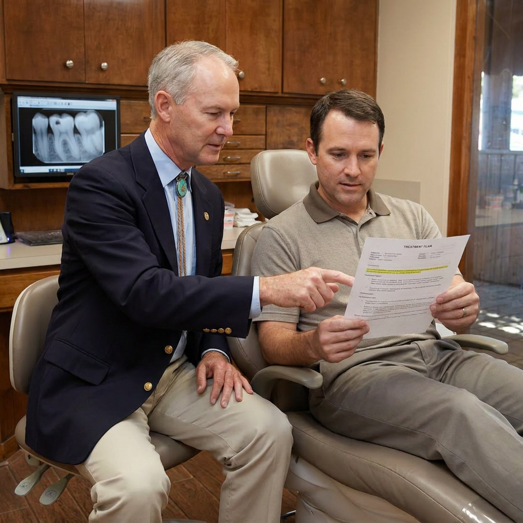 Dr. Cutbirth and a patient review a printed plan for tooth fillings in a Waco, Texas, dental operatory.
