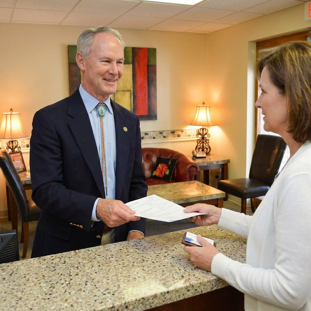 Dr. Cutbirth hands insurance paperwork to a patient at the Steven T. Cutbirth DDS reception desk in Waco, TX.