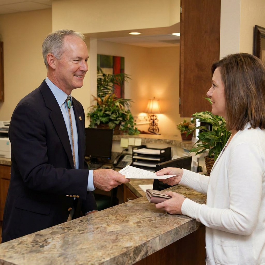 Dr. Cutbirth smiles while handing insurance paperwork to a patient at his Waco, TX dental office reception desk.