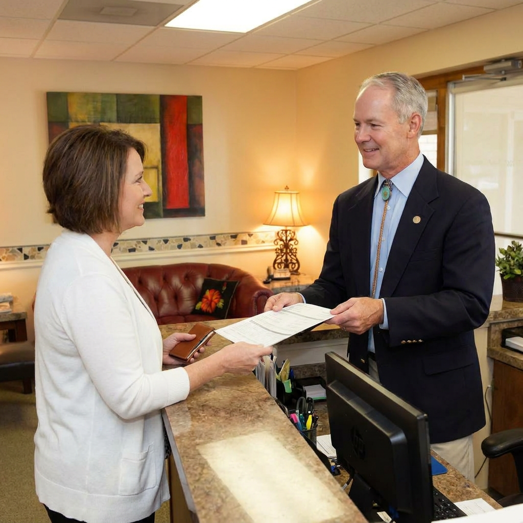 Dr. Cutbirth smiles while handing insurance paperwork to a patient at the Steven T. Cutbirth DDS reception desk in Waco.