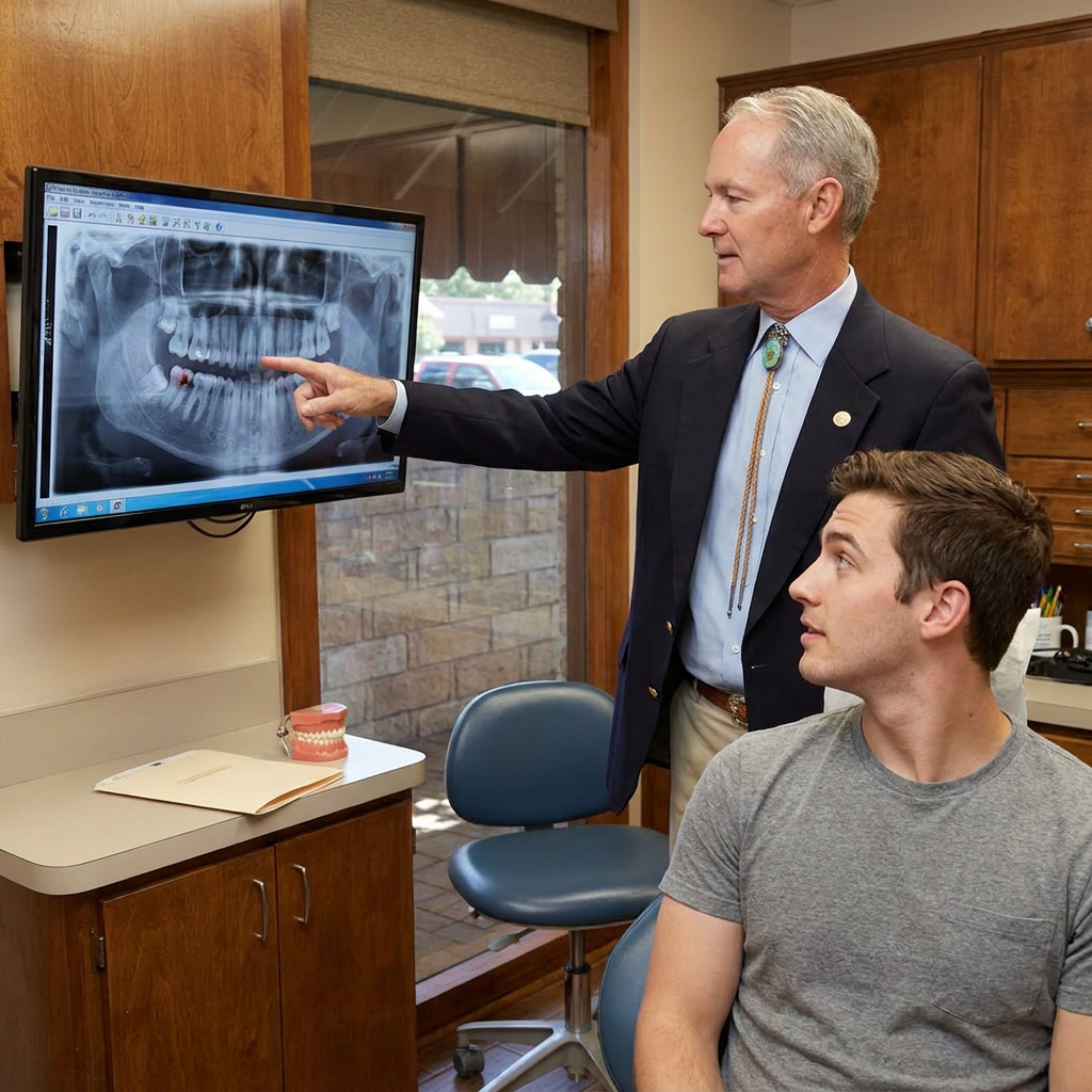 Dr. Cutbirth points to a digital X-ray during a tooth extraction consultation at his Waco, TX dental practice.