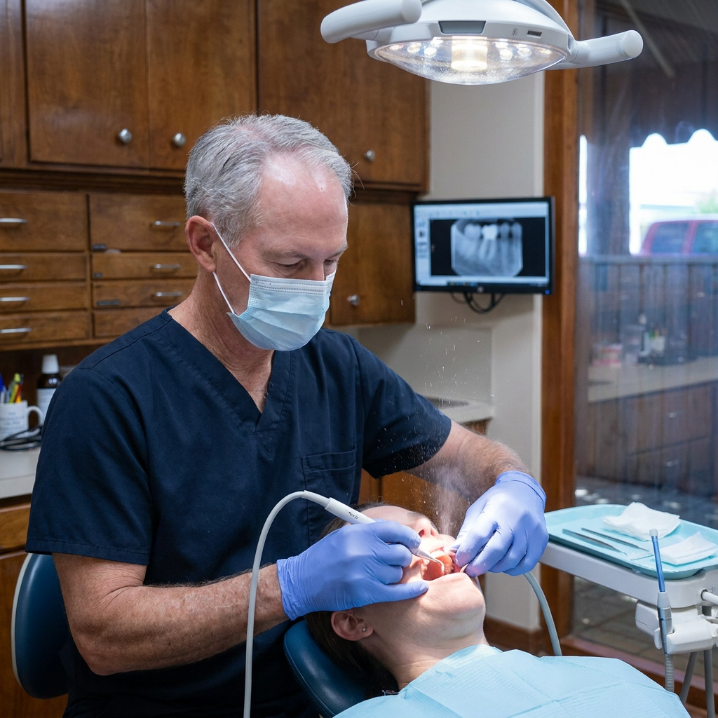Dr. Steven T. Cutbirth uses a piezoelectric surgical handpiece for a tooth extraction at his Waco, TX dental practice.