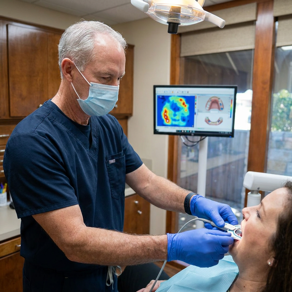 Dr. Cutbirth uses a T-Scan sensor to map bite pressure for TMJ treatment at Steven T. Cutbirth DDS in Waco.