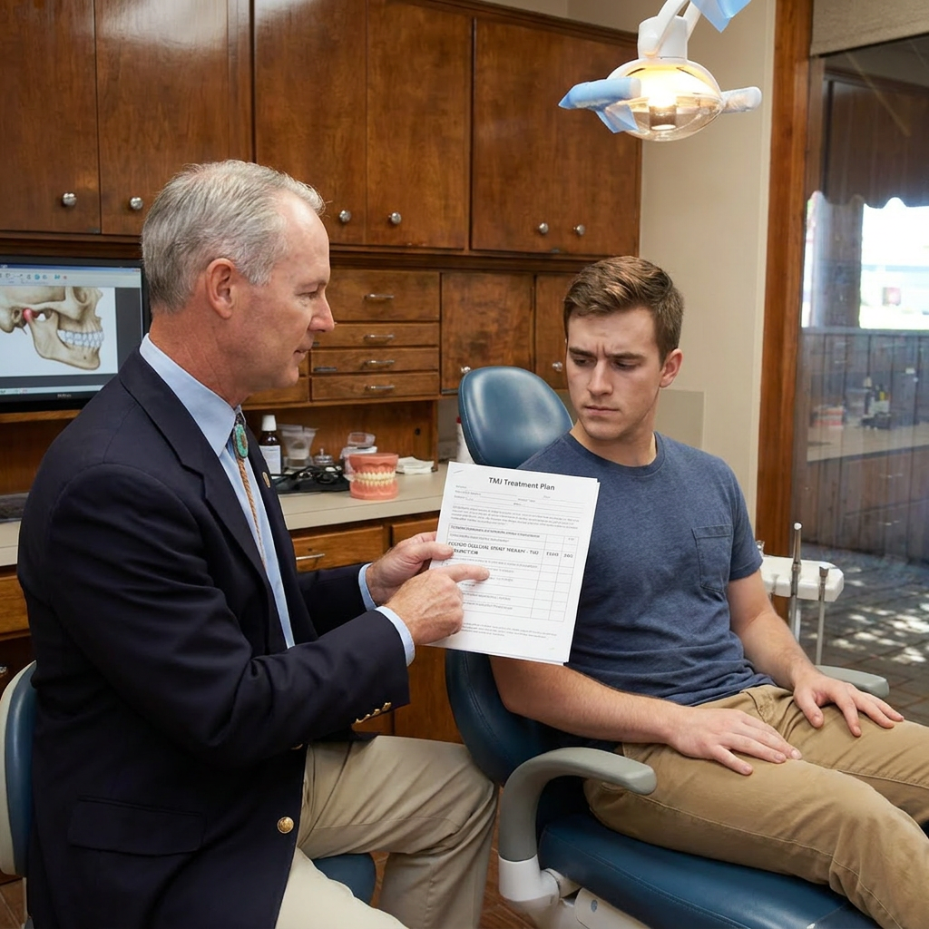 Dr. Cutbirth and a patient review a printed TMJ treatment plan during a consultation at his Waco, TX dental office.